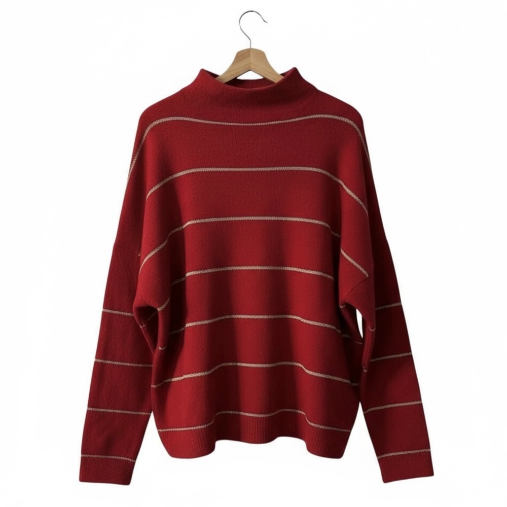 Kim Rogers Sweater Size XL Red Metallic Gold Stripe Holiday Mock Neck Pullover